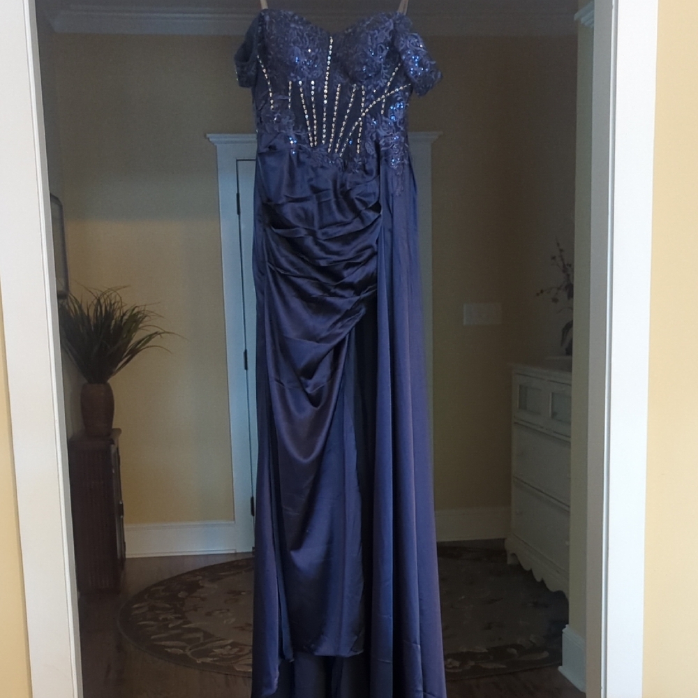 Navy Asymmetrical Prom Gown with Sweetheart Neckline